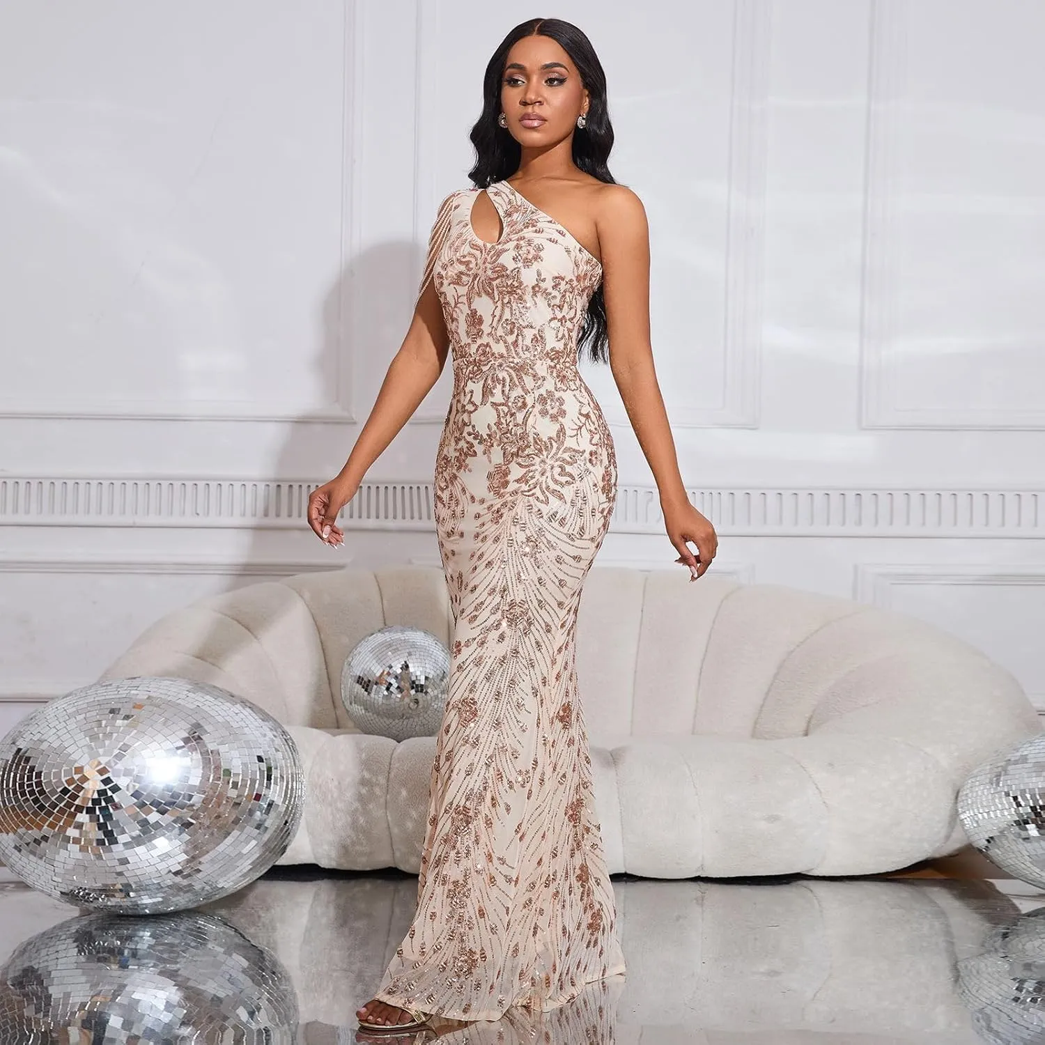 Cololura Women Sequin Elegant Sexy One Shoulder Tassel Mermaid Bodycon Cocktail Evening Dress