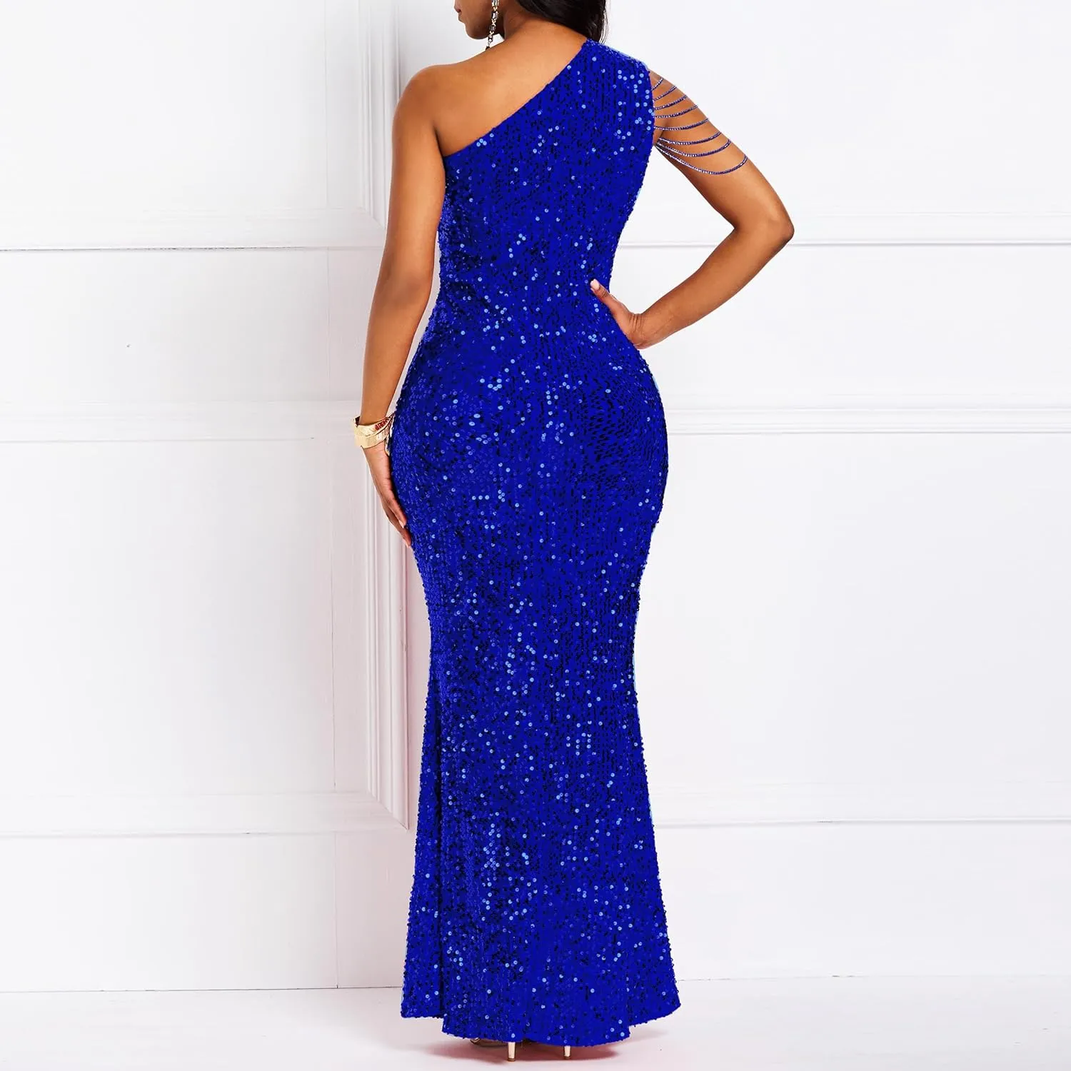 Cololura Women Sequin Elegant Sexy One Shoulder Tassel Mermaid Bodycon Cocktail Evening Dress