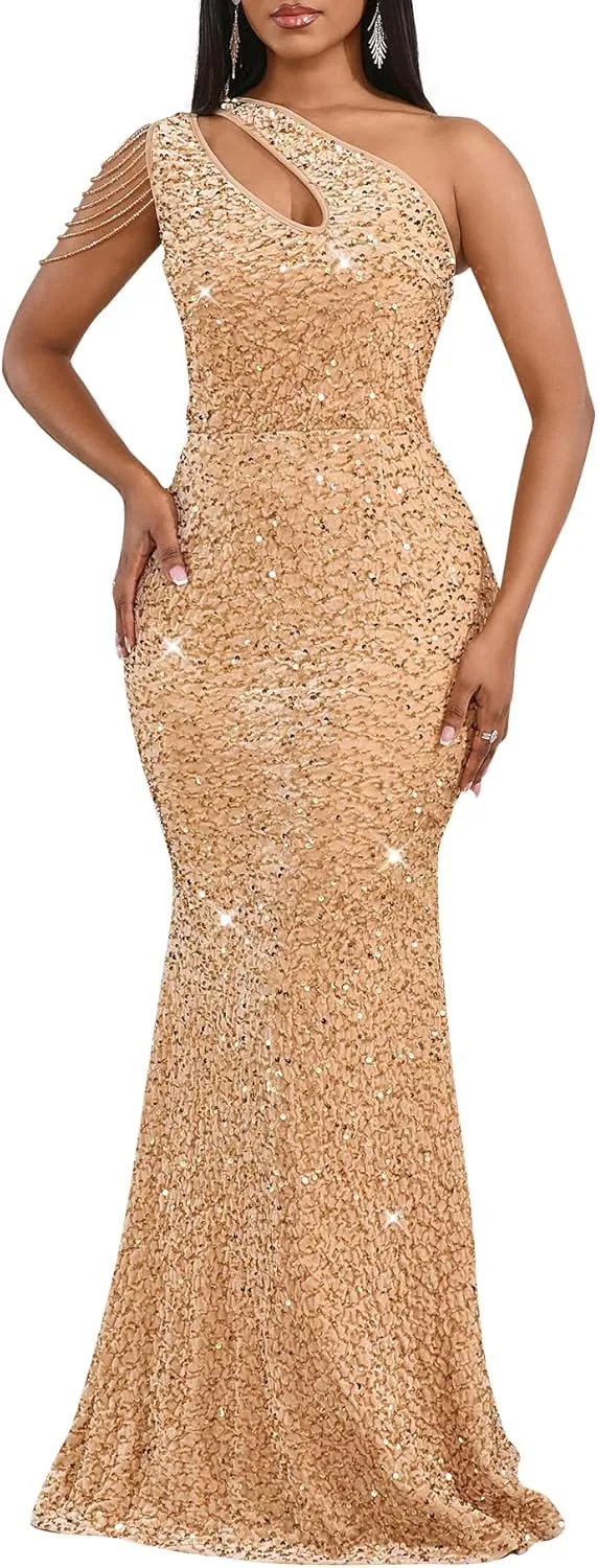 Cololura Women Sequin Elegant Sexy One Shoulder Tassel Mermaid Bodycon Cocktail Evening Dress