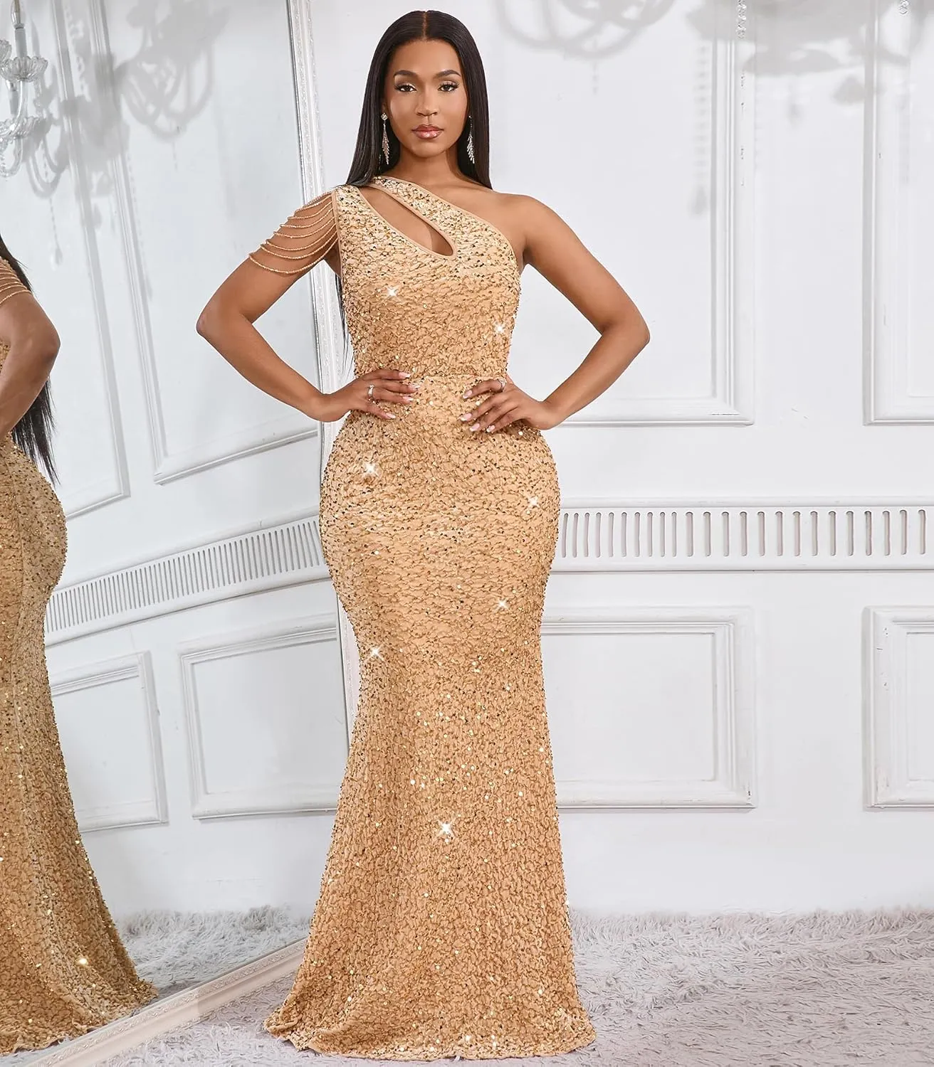 Cololura Women Sequin Elegant Sexy One Shoulder Tassel Mermaid Bodycon Cocktail Evening Dress