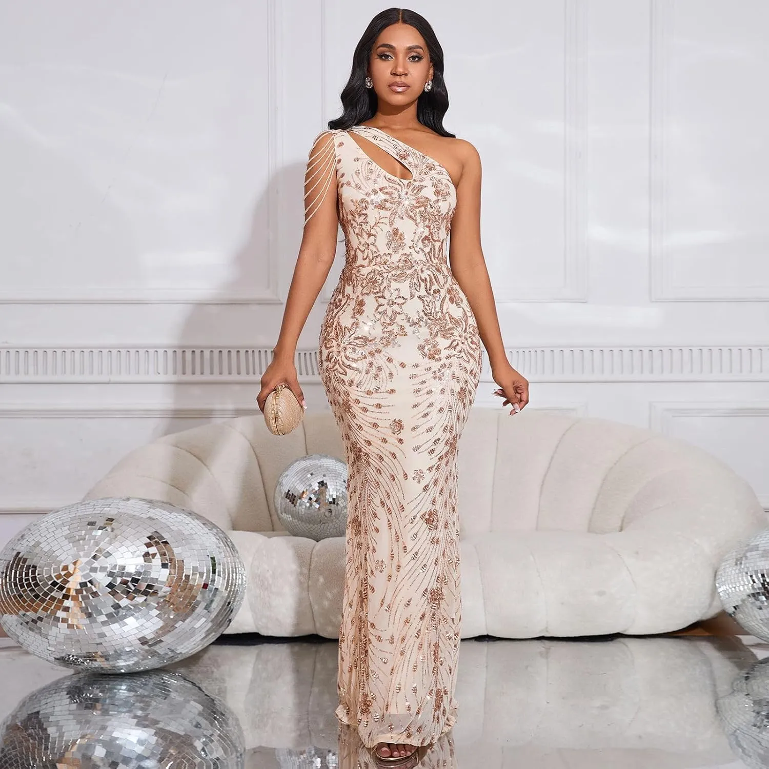 Cololura Women Sequin Elegant Sexy One Shoulder Tassel Mermaid Bodycon Cocktail Evening Dress