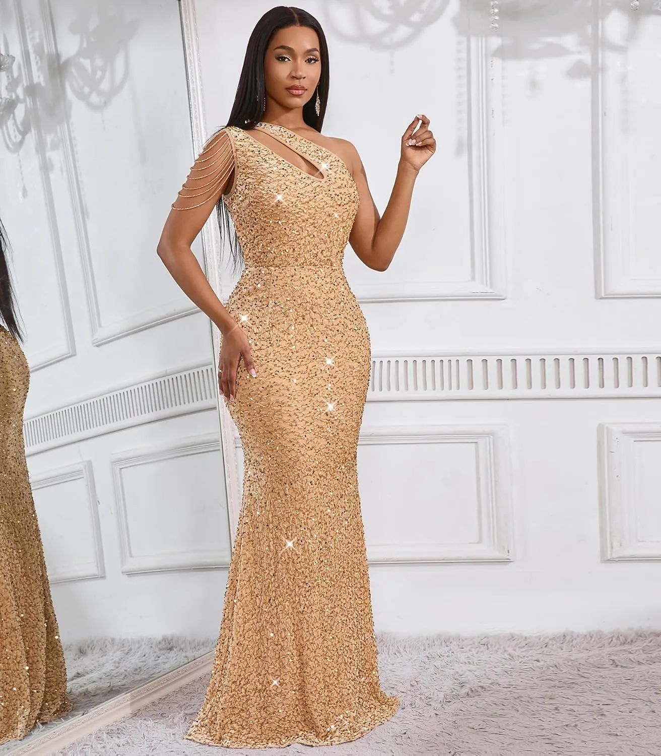 Cololura Women Sequin Elegant Sexy One Shoulder Tassel Mermaid Bodycon Cocktail Evening Dress