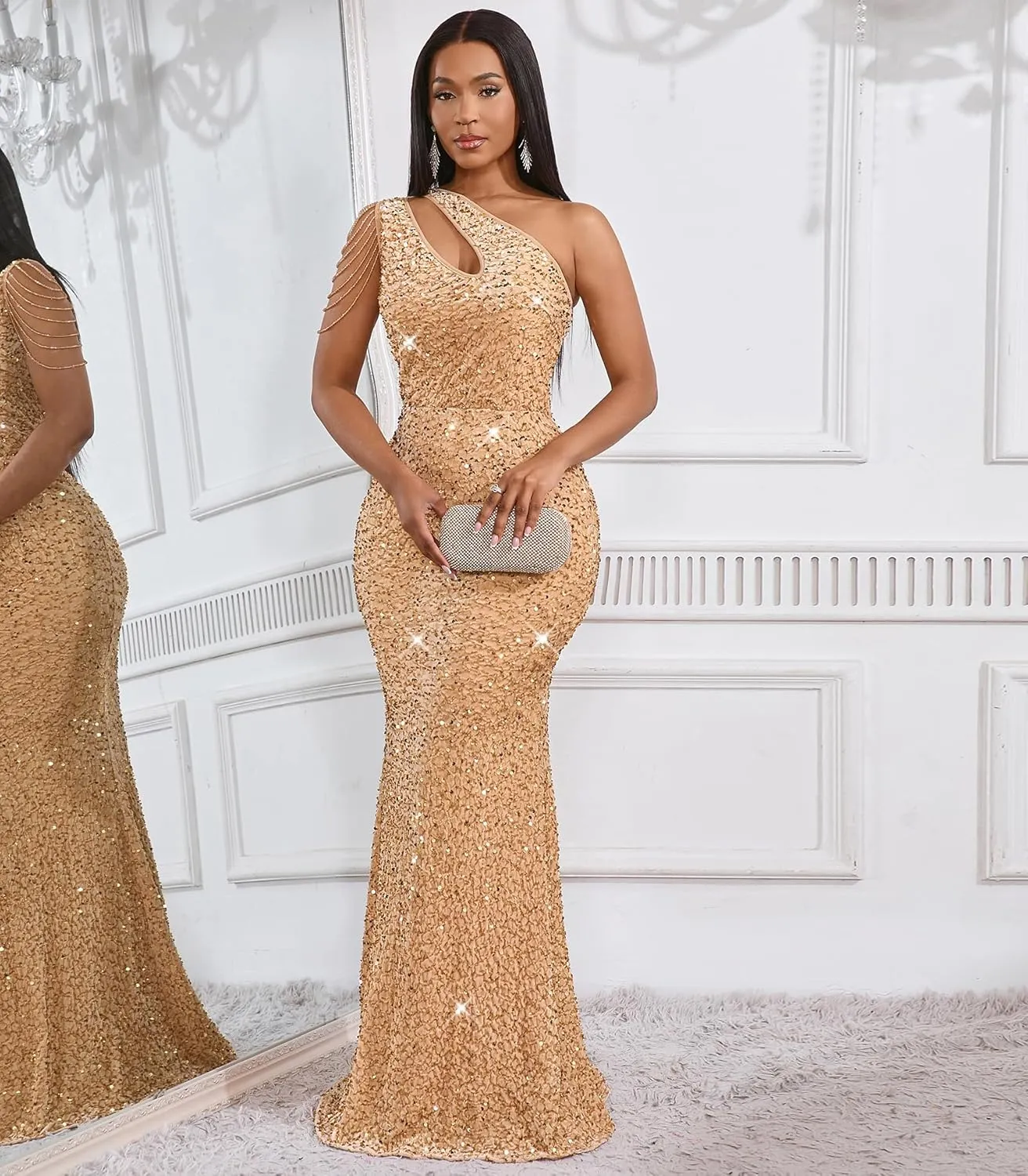 Cololura Women Sequin Elegant Sexy One Shoulder Tassel Mermaid Bodycon Cocktail Evening Dress