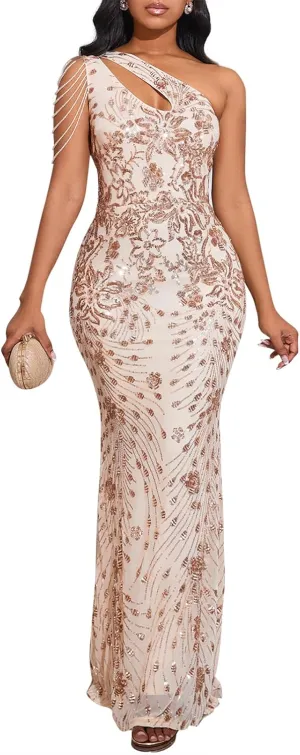 Cololura Women Sequin Elegant Sexy One Shoulder Tassel Mermaid Bodycon Cocktail Evening Dress