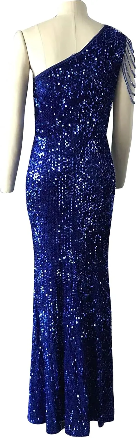 Cololura Women Sequin Elegant Sexy One Shoulder Tassel Mermaid Bodycon Cocktail Evening Dress