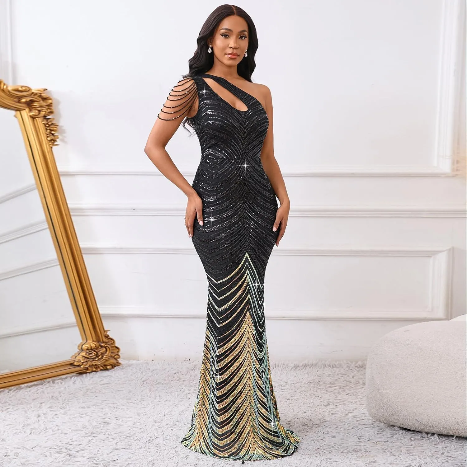 Cololura Women Sequin Elegant Sexy One Shoulder Tassel Mermaid Bodycon Cocktail Evening Dress