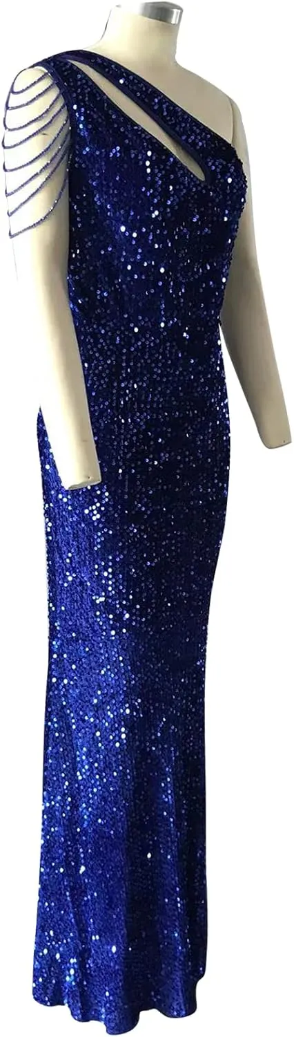 Cololura Women Sequin Elegant Sexy One Shoulder Tassel Mermaid Bodycon Cocktail Evening Dress