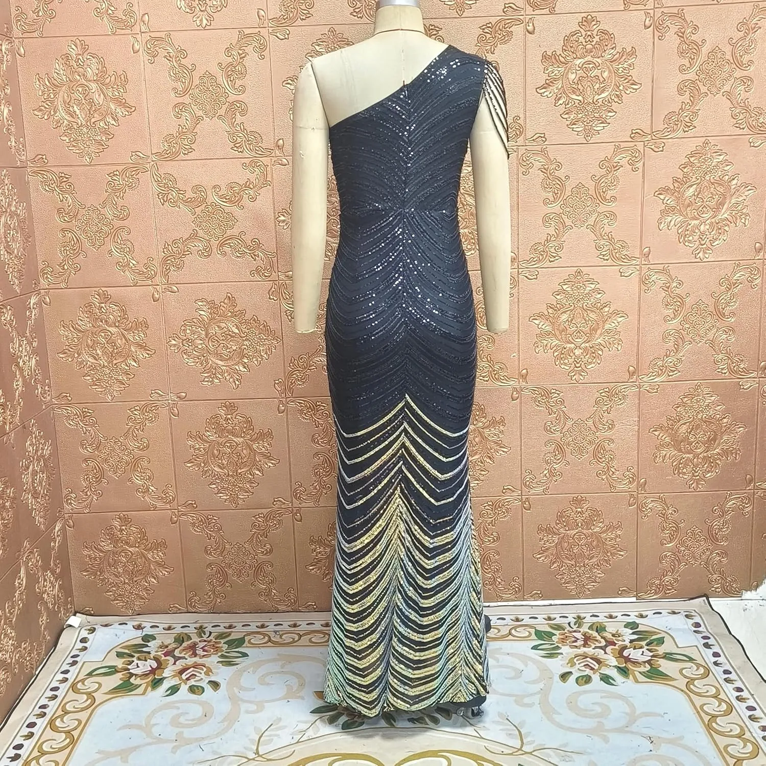 Cololura Women Sequin Elegant Sexy One Shoulder Tassel Mermaid Bodycon Cocktail Evening Dress