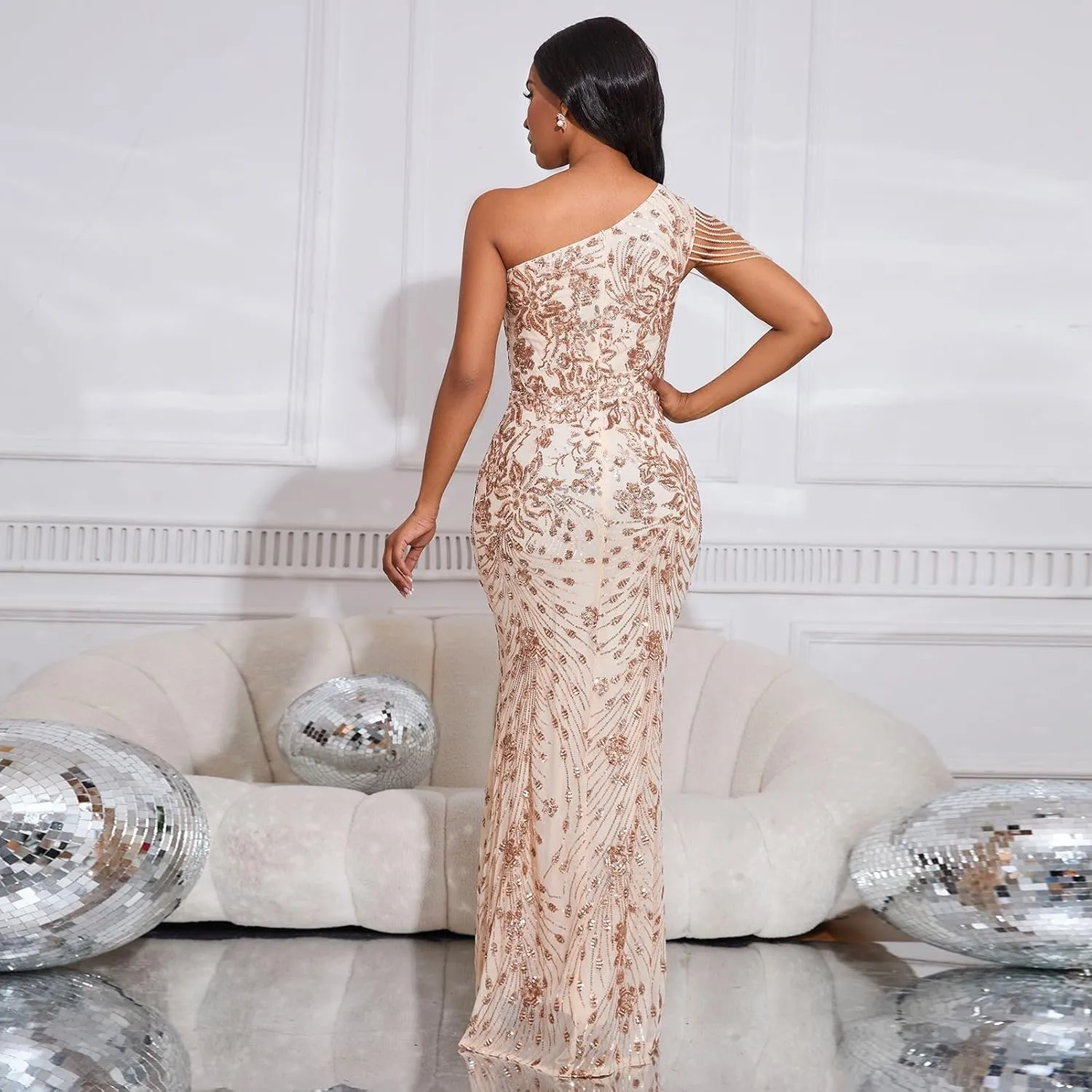 Cololura Women Sequin Elegant Sexy One Shoulder Tassel Mermaid Bodycon Cocktail Evening Dress