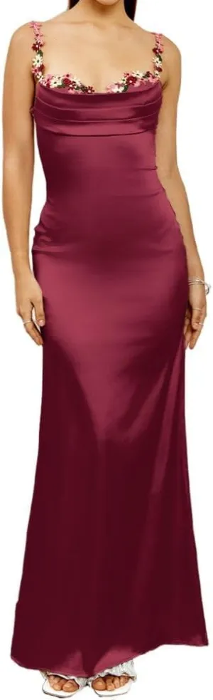 Colysmo Women's Satin Spaghetti Strap Slip Bodycon Maxi Dress Sleeveless Wedding Guest Elegant Evening Party Dresses