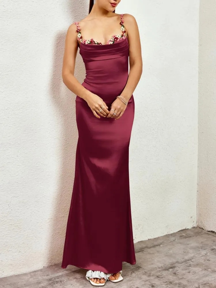 Colysmo Women's Satin Spaghetti Strap Slip Bodycon Maxi Dress Sleeveless Wedding Guest Elegant Evening Party Dresses