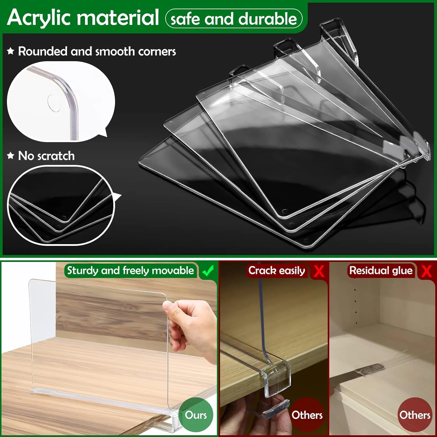 Consevisen Shelf Dividers for Closet Organization and Storage, 4 Pack Acrylic Clear Closet Shelf Dividers for Wood Shelves, Vertical Sweater Handbag Purse Organizer for Bedroom Kitchen Office
