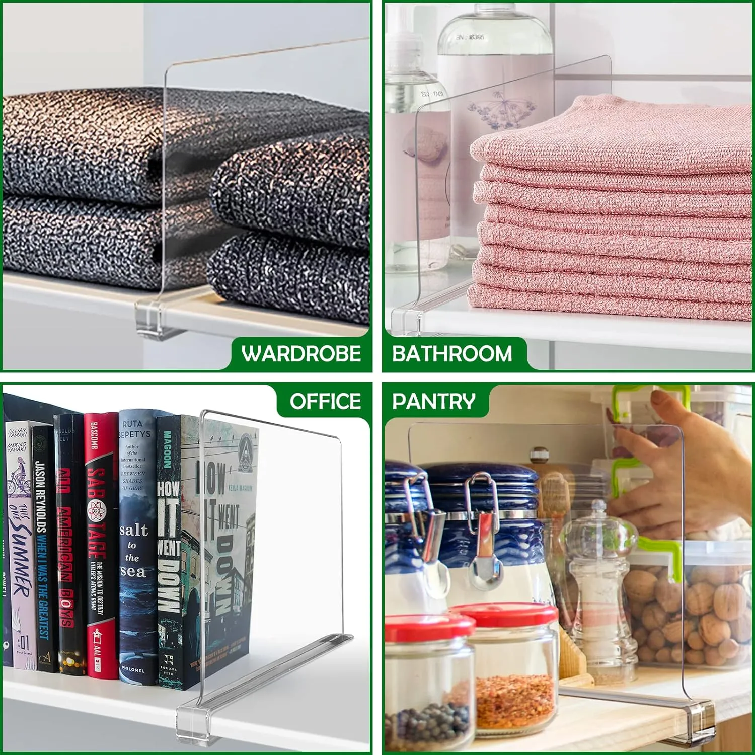 Consevisen Shelf Dividers for Closet Organization and Storage, 4 Pack Acrylic Clear Closet Shelf Dividers for Wood Shelves, Vertical Sweater Handbag Purse Organizer for Bedroom Kitchen Office