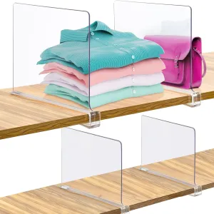 Consevisen Shelf Dividers for Closet Organization and Storage, 4 Pack Acrylic Clear Closet Shelf Dividers for Wood Shelves, Vertical Sweater Handbag Purse Organizer for Bedroom Kitchen Office