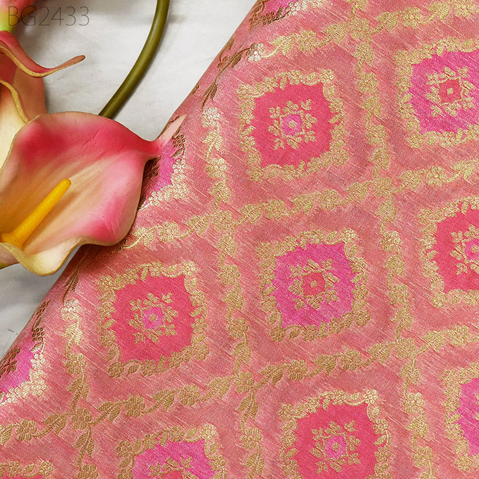 Coral Brocade Fabric by the Yard Wedding Dress Jackets Indian Blended Banarasi Dress Material Sewing Cushion Cover Home Décor Crafting