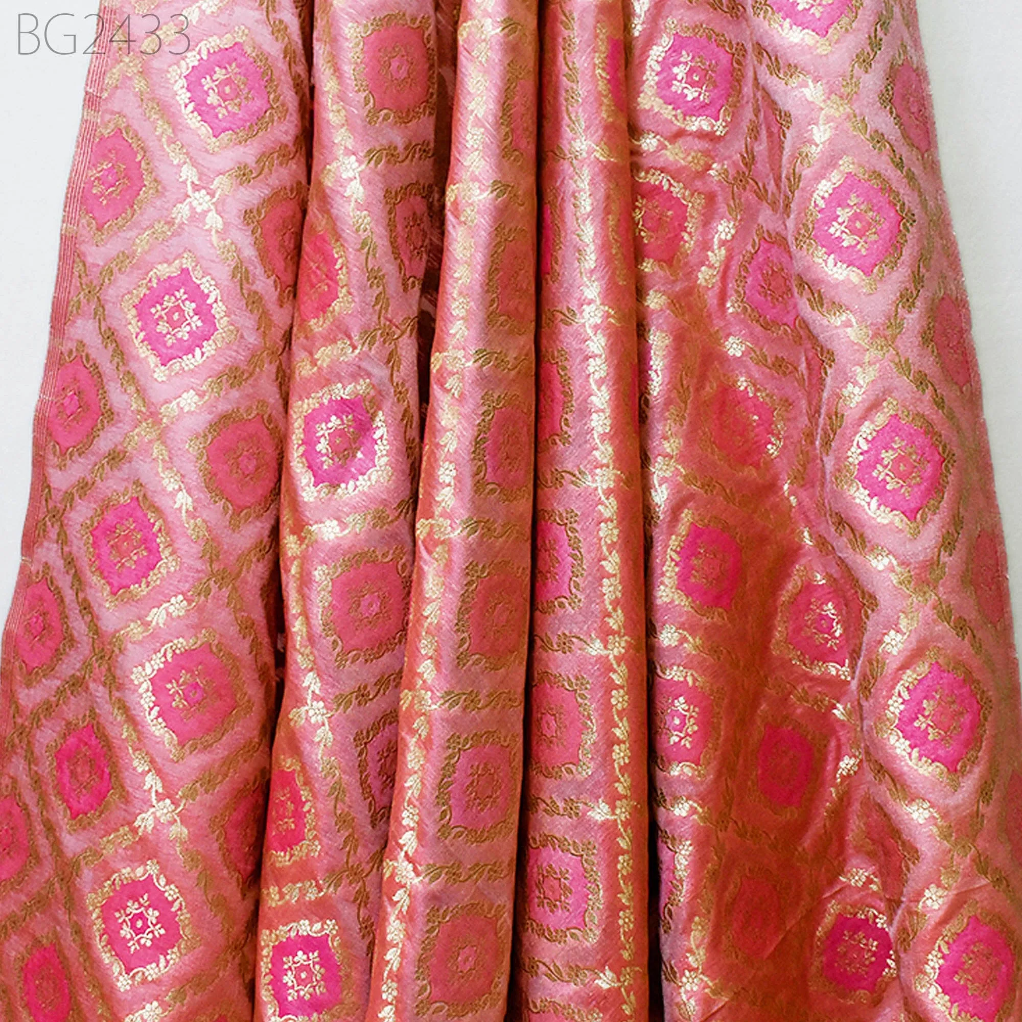 Coral Brocade Fabric by the Yard Wedding Dress Jackets Indian Blended Banarasi Dress Material Sewing Cushion Cover Home Décor Crafting