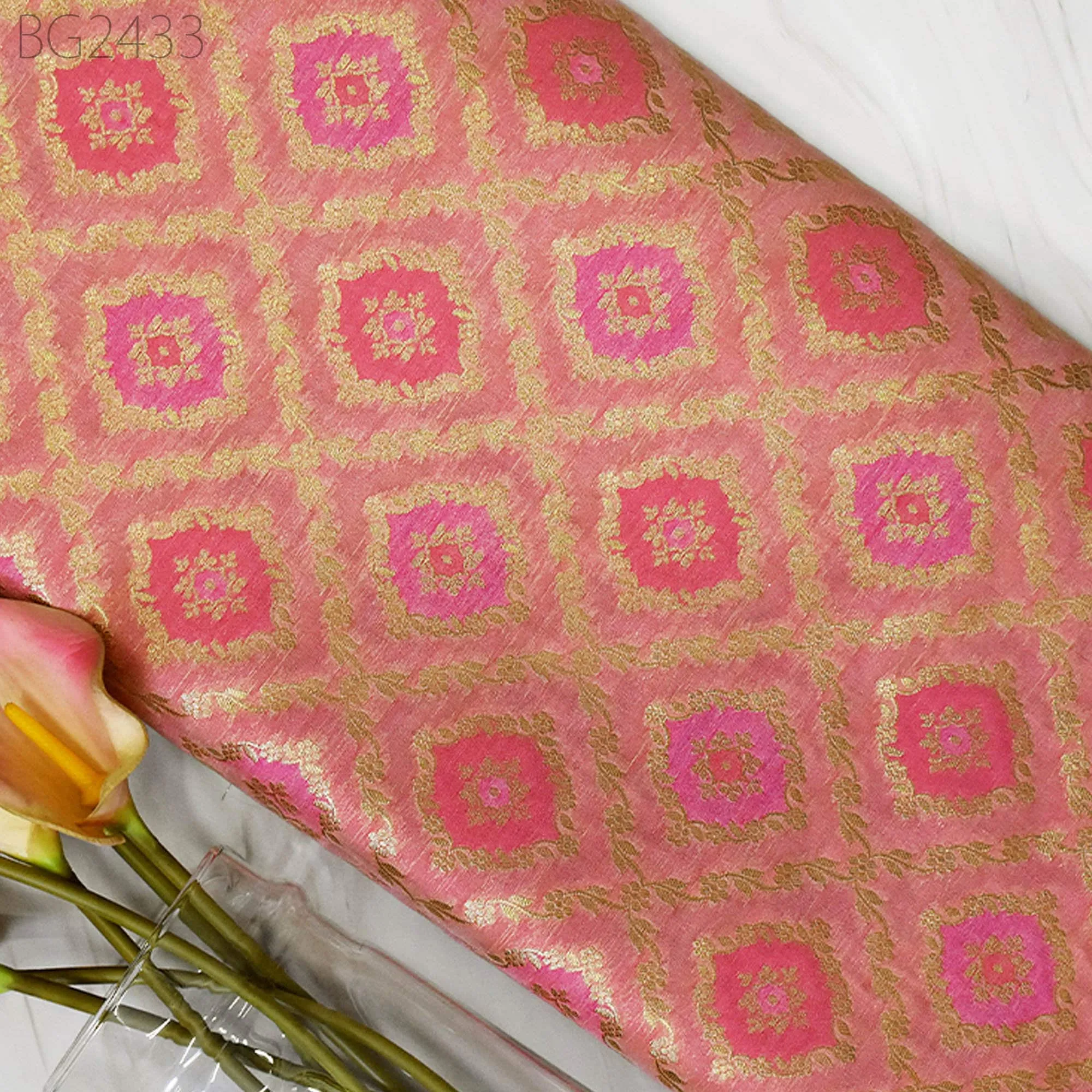 Coral Brocade Fabric by the Yard Wedding Dress Jackets Indian Blended Banarasi Dress Material Sewing Cushion Cover Home Décor Crafting
