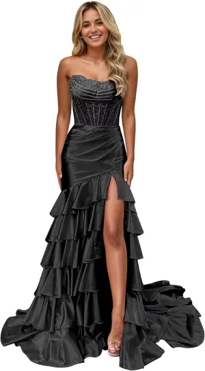 Corset Mermaid Satin Prom Dress for Women Strapless Tiered Ruffle Formal Evening Gowns with Slit