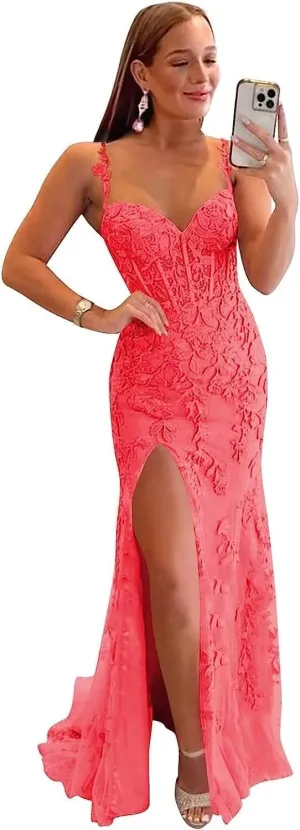 Corset Prom Dresses Lace Tulle Mermaid Formal Evening Gown with Slit