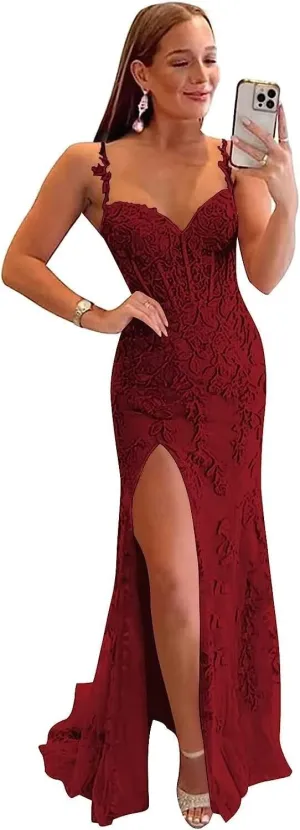 Corset Prom Dresses Lace Tulle Mermaid Formal Evening Gown with Slit