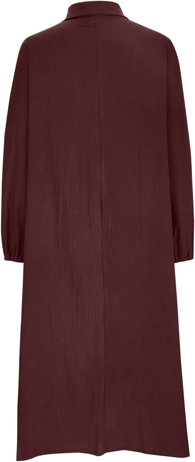 Cotton Linen Dresses for Women Plus Size V-Neck Button Down Tiered Flowy Long Sleeve Dress Comfy Maxi Dress Fall 2024