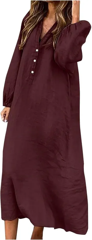 Cotton Linen Dresses for Women Plus Size V-Neck Button Down Tiered Flowy Long Sleeve Dress Comfy Maxi Dress Fall 2024