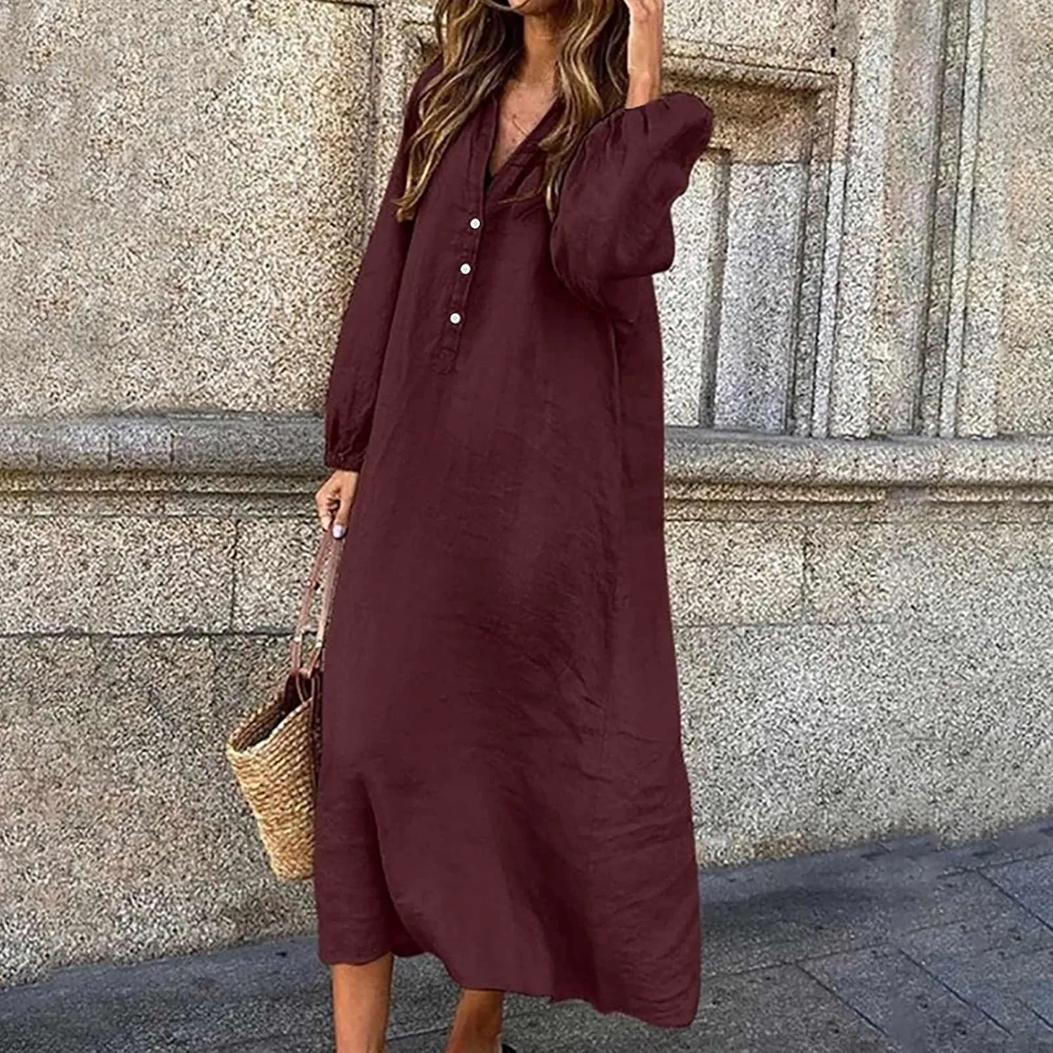 Cotton Linen Dresses for Women Plus Size V-Neck Button Down Tiered Flowy Long Sleeve Dress Comfy Maxi Dress Fall 2024