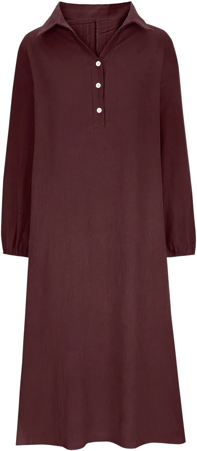 Cotton Linen Dresses for Women Plus Size V-Neck Button Down Tiered Flowy Long Sleeve Dress Comfy Maxi Dress Fall 2024