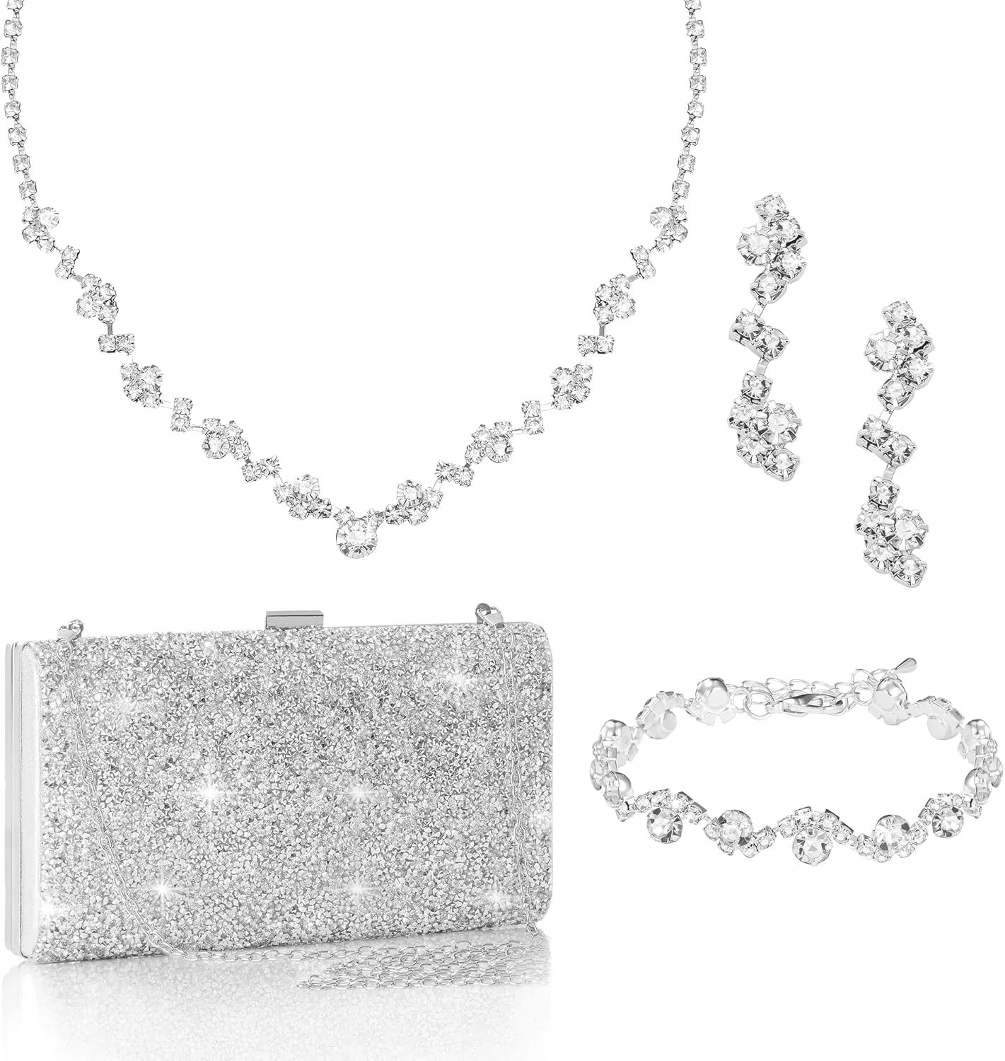 Coucoland Silver Jewelry Accessories for Women - 4 In 1 Sets Clutch Purse Rhinestone Formal Prom Evening Purses