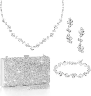 Coucoland Silver Jewelry Accessories for Women - 4 In 1 Sets Clutch Purse Rhinestone Formal Prom Evening Purses