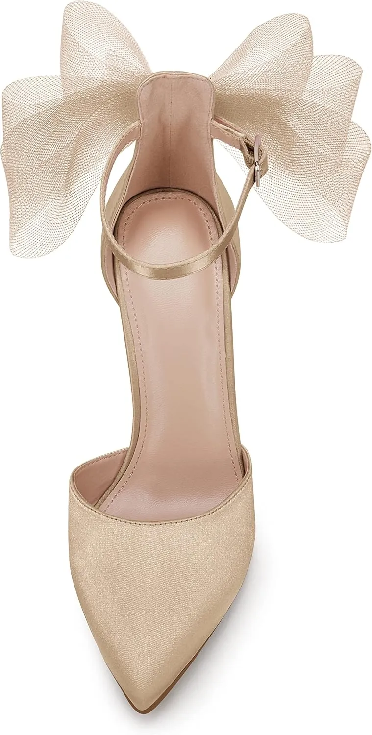 Coutgo Women's Closed Pointed Toe High Heels with Bow Knot Ankle Strap Satin Stiletto Pumps