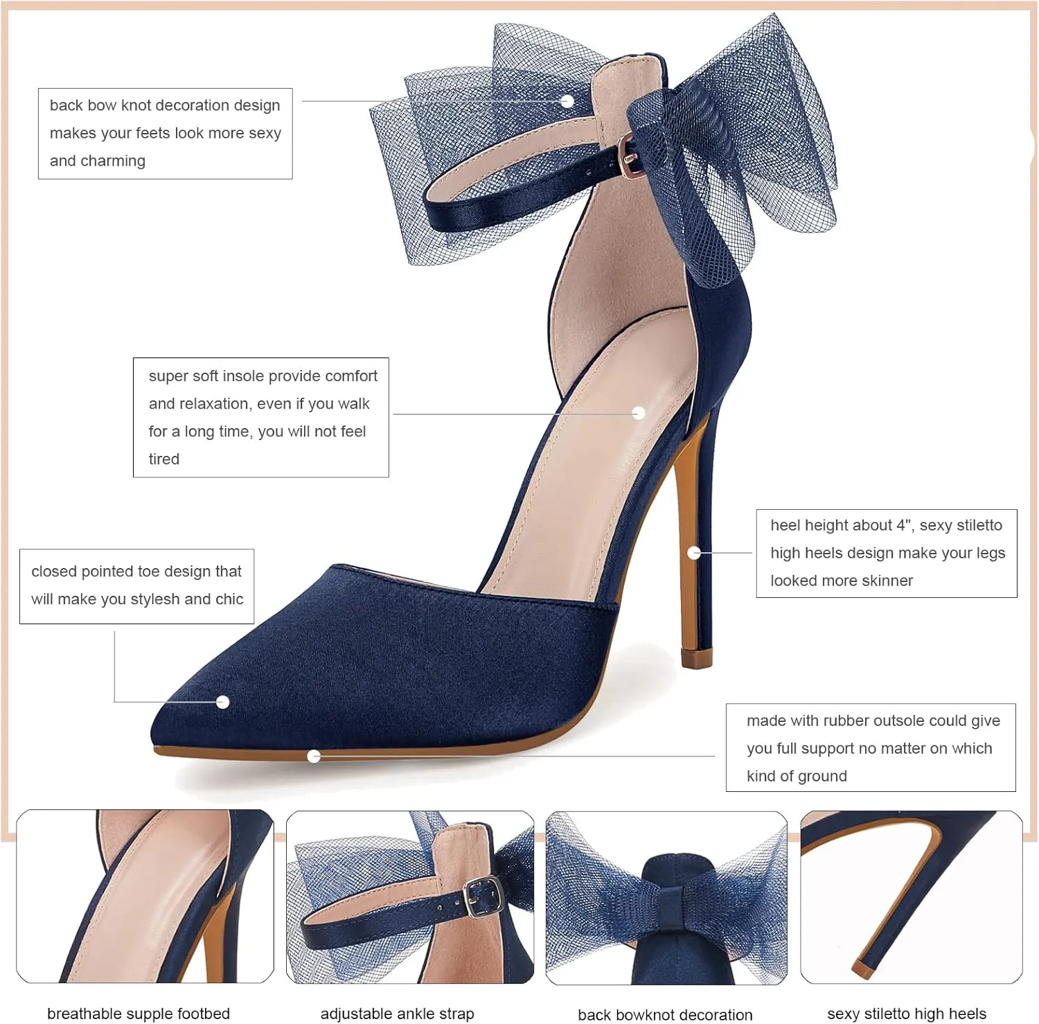 Coutgo Women's Closed Pointed Toe High Heels with Bow Knot Ankle Strap Satin Stiletto Pumps