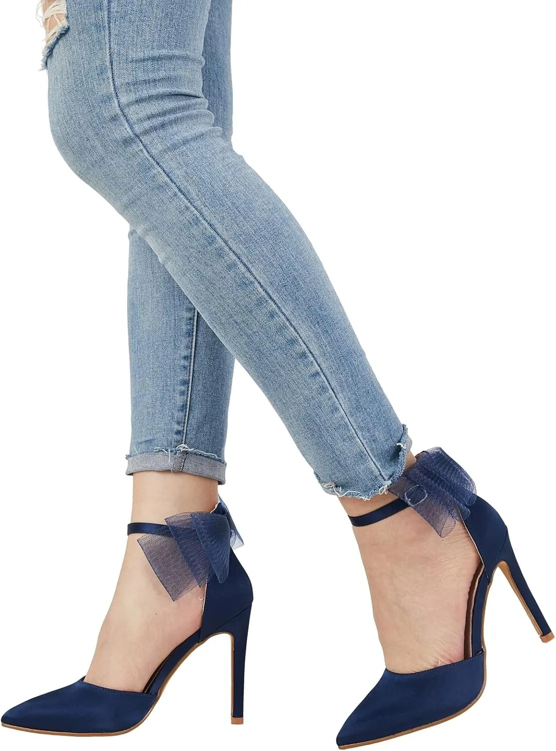 Coutgo Women's Closed Pointed Toe High Heels with Bow Knot Ankle Strap Satin Stiletto Pumps