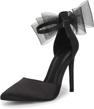 Coutgo Women's Closed Pointed Toe High Heels with Bow Knot Ankle Strap Satin Stiletto Pumps