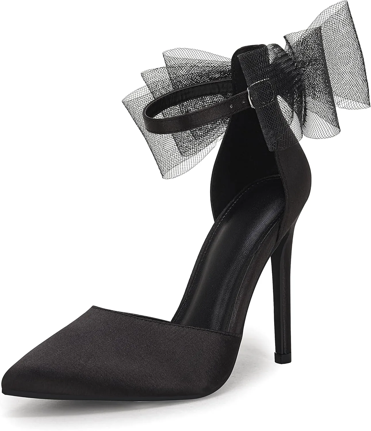 Coutgo Women's Closed Pointed Toe High Heels with Bow Knot Ankle Strap Satin Stiletto Pumps
