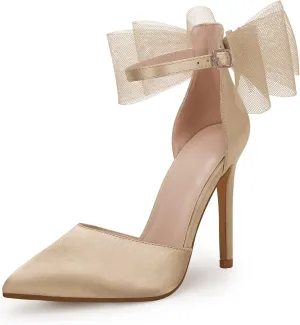 Coutgo Women's Closed Pointed Toe High Heels with Bow Knot Ankle Strap Satin Stiletto Pumps
