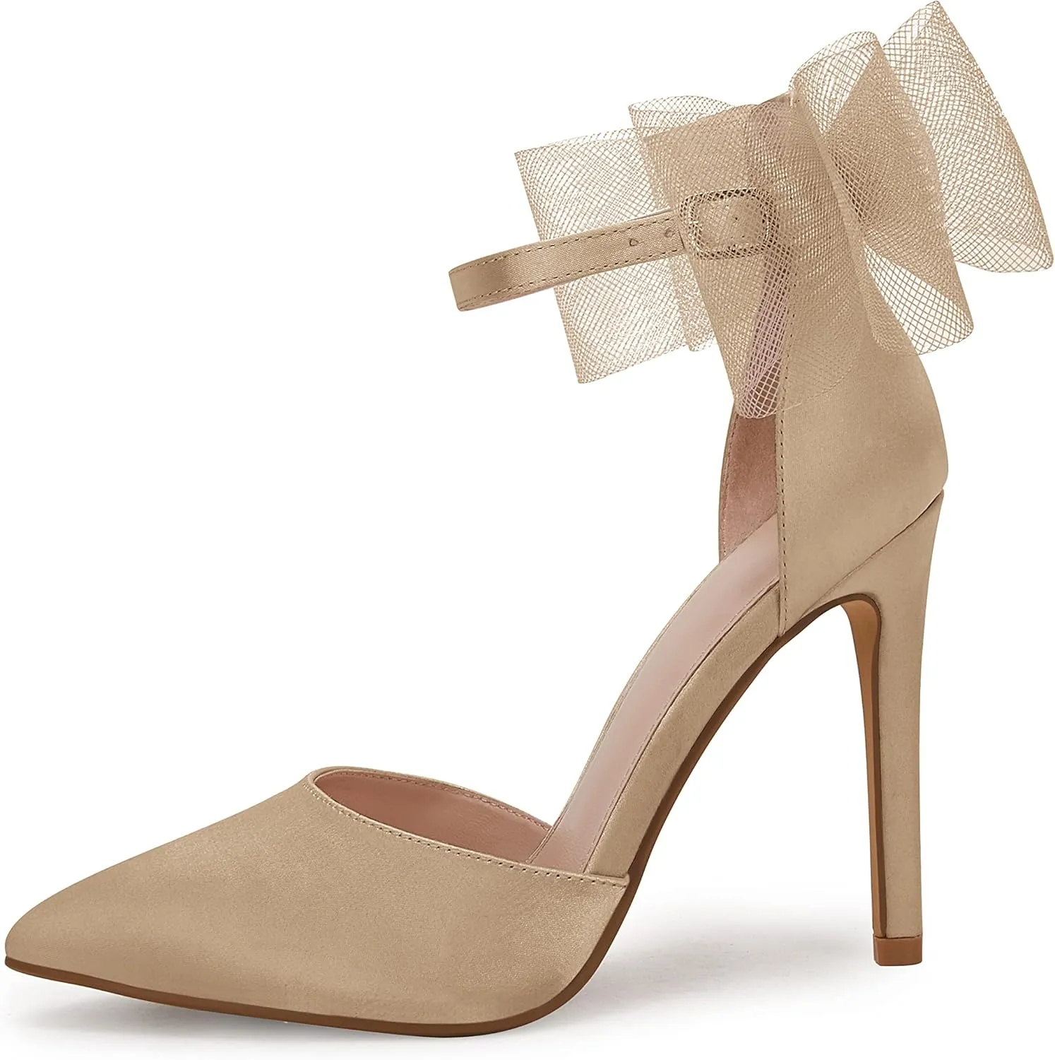 Coutgo Women's Closed Pointed Toe High Heels with Bow Knot Ankle Strap Satin Stiletto Pumps