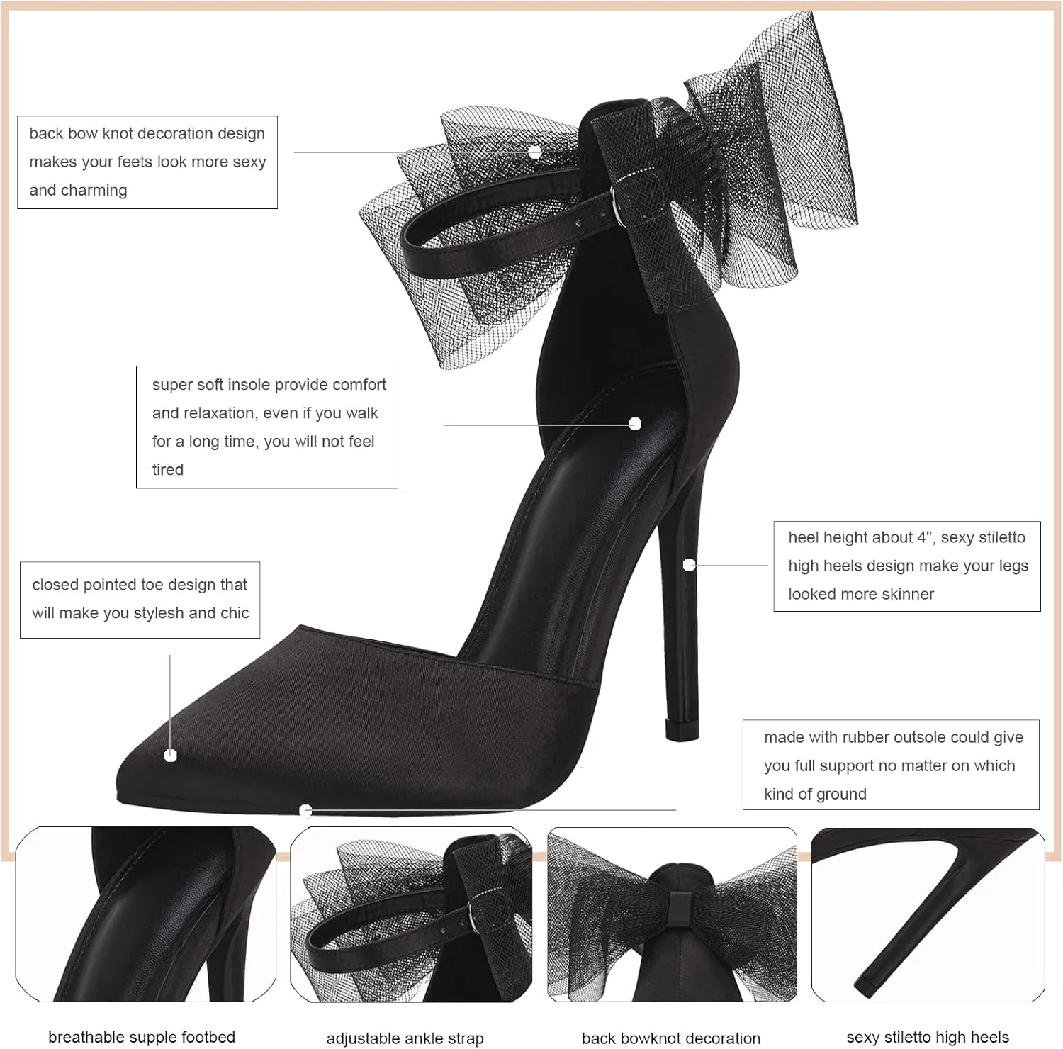 Coutgo Women's Closed Pointed Toe High Heels with Bow Knot Ankle Strap Satin Stiletto Pumps