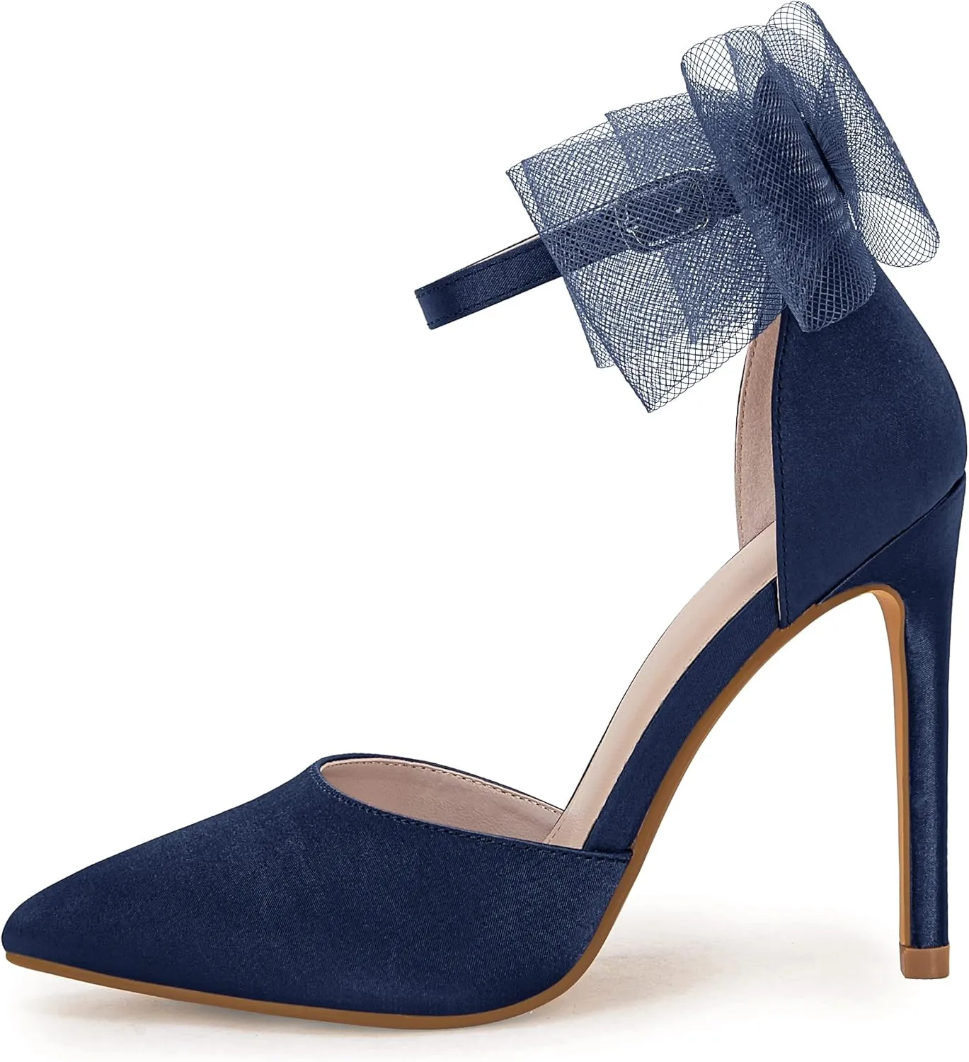 Coutgo Women's Closed Pointed Toe High Heels with Bow Knot Ankle Strap Satin Stiletto Pumps