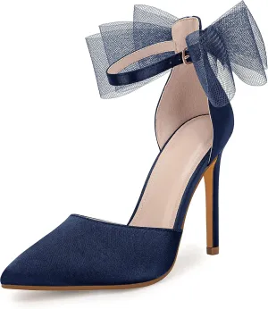 Coutgo Women's Closed Pointed Toe High Heels with Bow Knot Ankle Strap Satin Stiletto Pumps