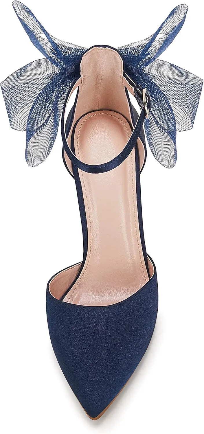 Coutgo Women's Closed Pointed Toe High Heels with Bow Knot Ankle Strap Satin Stiletto Pumps