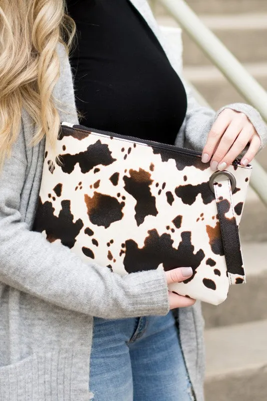 Cow Print Clutch-Oversized Clutch Bag-Wristlet-Clutch Soft Vegan PU Leather