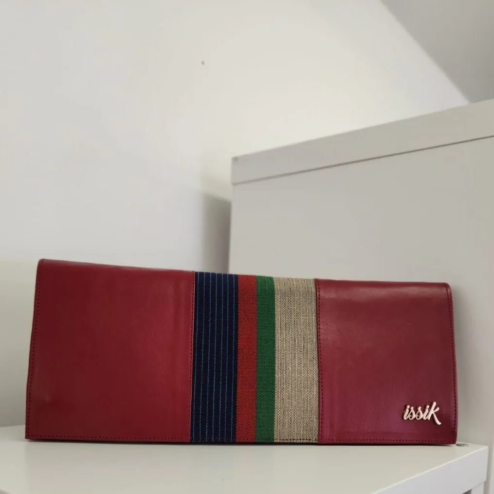 Cream & Blue Leather & Aso-Oke Clutch Purses