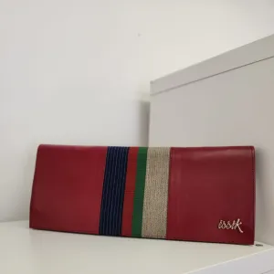Cream & Blue Leather & Aso-Oke Clutch Purses