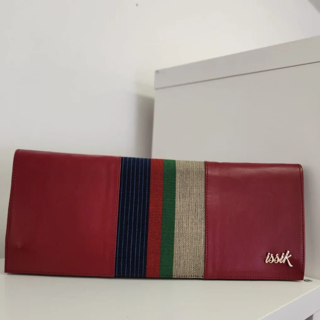 Cream & Blue Leather & Aso-Oke Clutch Purses