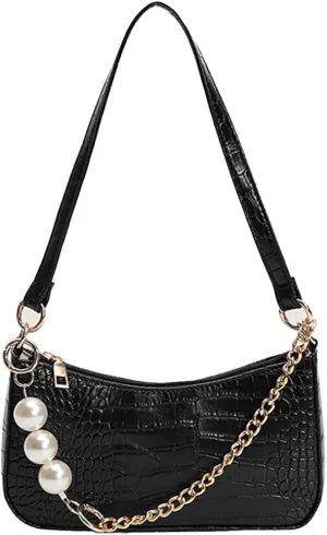Crocodile Pattern Purses for Women with Pearl Chain Strap Shoulder Bags for Women