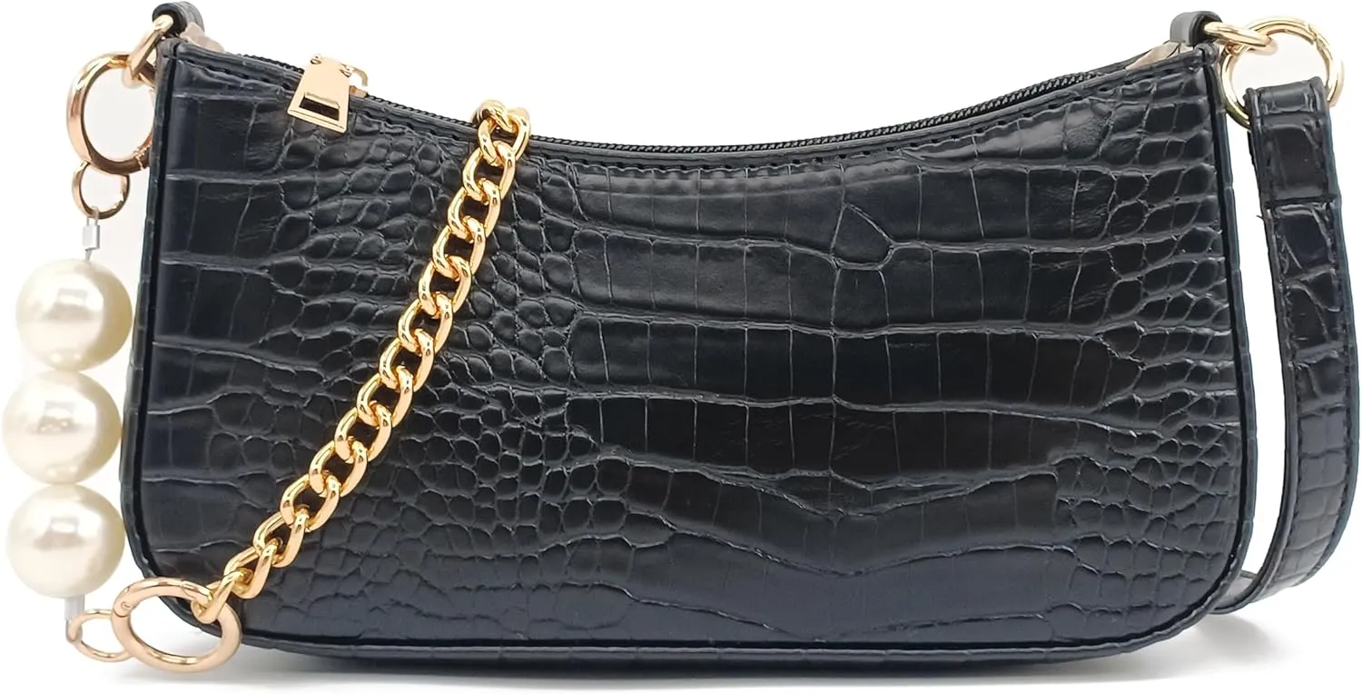 Crocodile Pattern Purses for Women with Pearl Chain Strap Shoulder Bags for Women