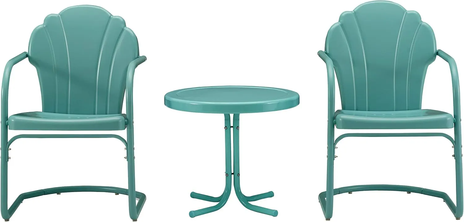 Crosley Furniture Tulip 3-Piece Outdoor Chair and Side Table Set, Retro Metal Patio Conversation Sets, Blue