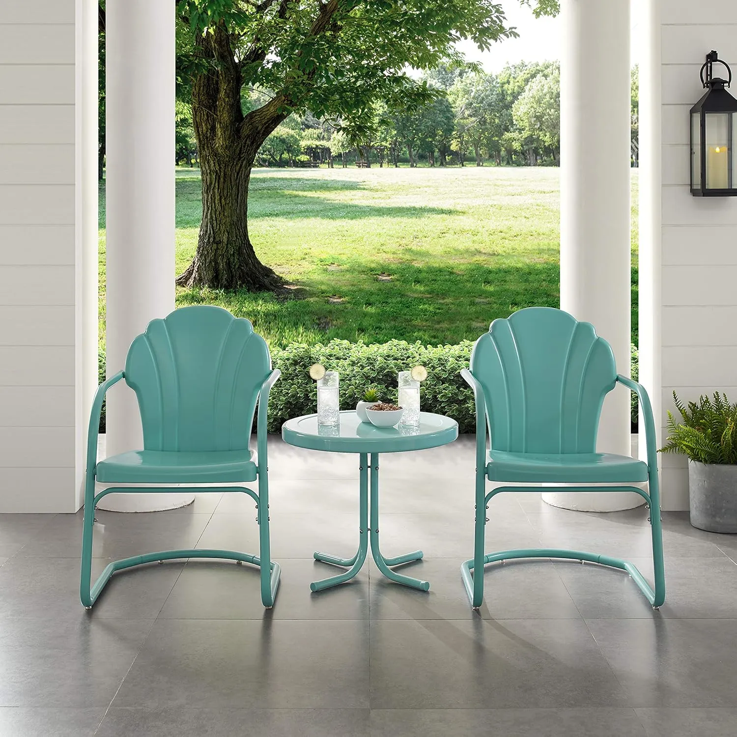 Crosley Furniture Tulip 3-Piece Outdoor Chair and Side Table Set, Retro Metal Patio Conversation Sets, Blue