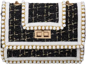Crossbody Bag Clutch for Women Small Handbag Vintage Tweed Pearl Chain Purse Evening Satchel Shoulder Bag Cross body